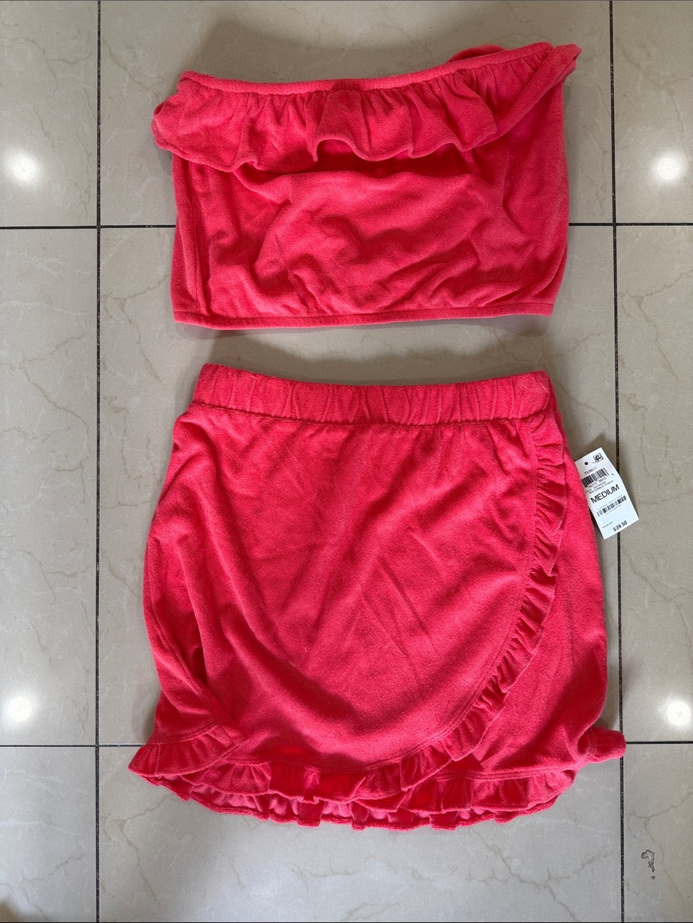 BAR III Women’s Ruffle Tube Top and Skirt Set - Coral Pink TOP L BOTTOM M